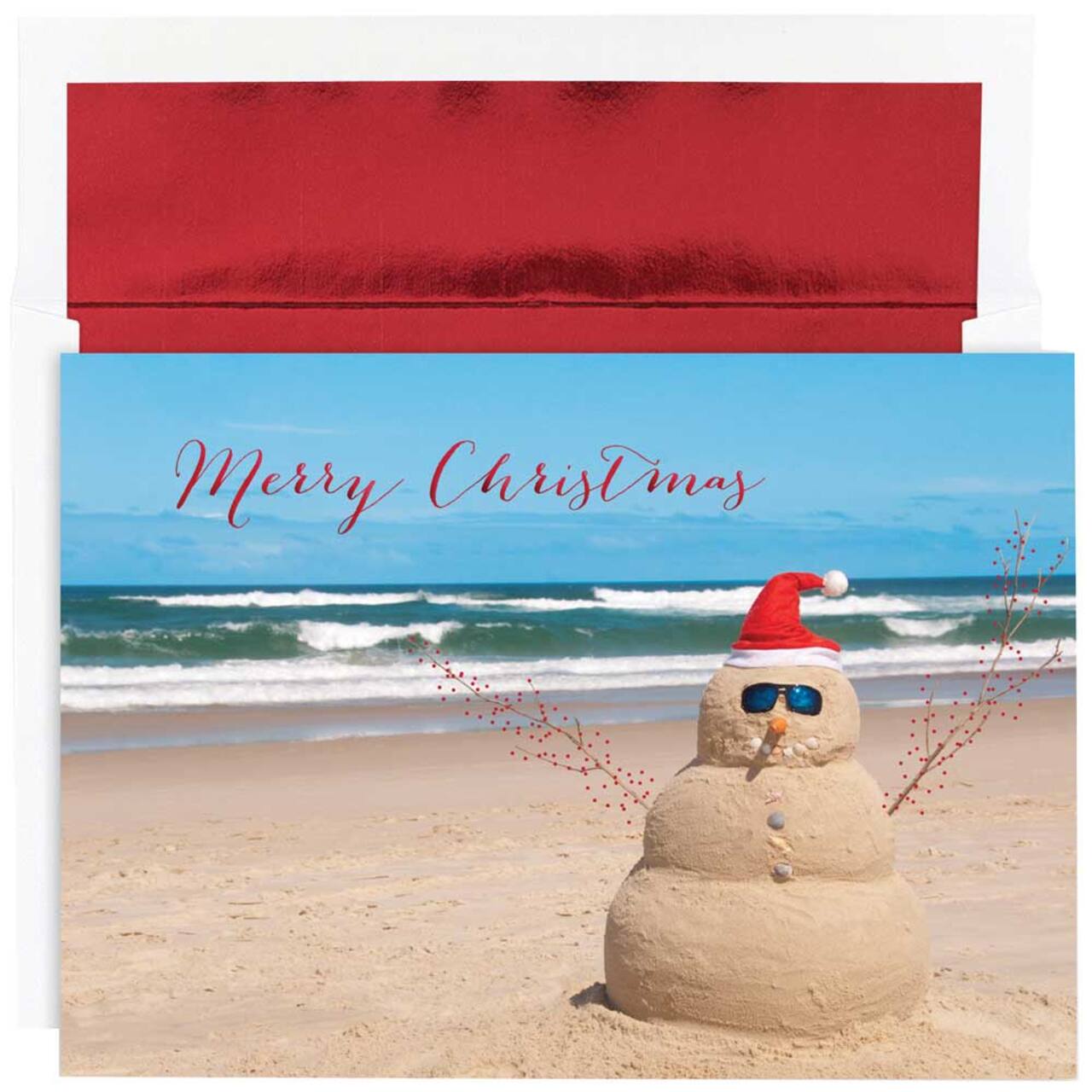 JAM Paper 5.6" x 7.9" Beach Snowman Christmas Card Set, 18ct.